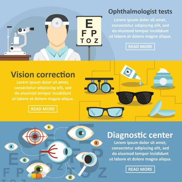 眼科医生横幅水平集、 平面样式 — 图库矢量图片