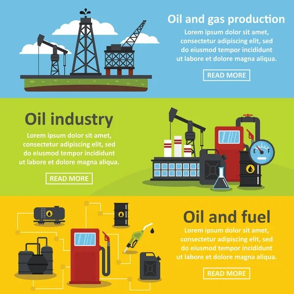 Oil industry gas banner horizontal set, flat style — Stock Vector