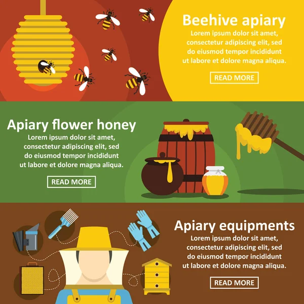 養蜂場蜂蜜バナー水平セット、フラット スタイル — ストックベクタ