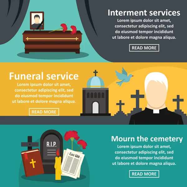 Funeral serviço banner horizontal set, estilo plano — Vetor de Stock