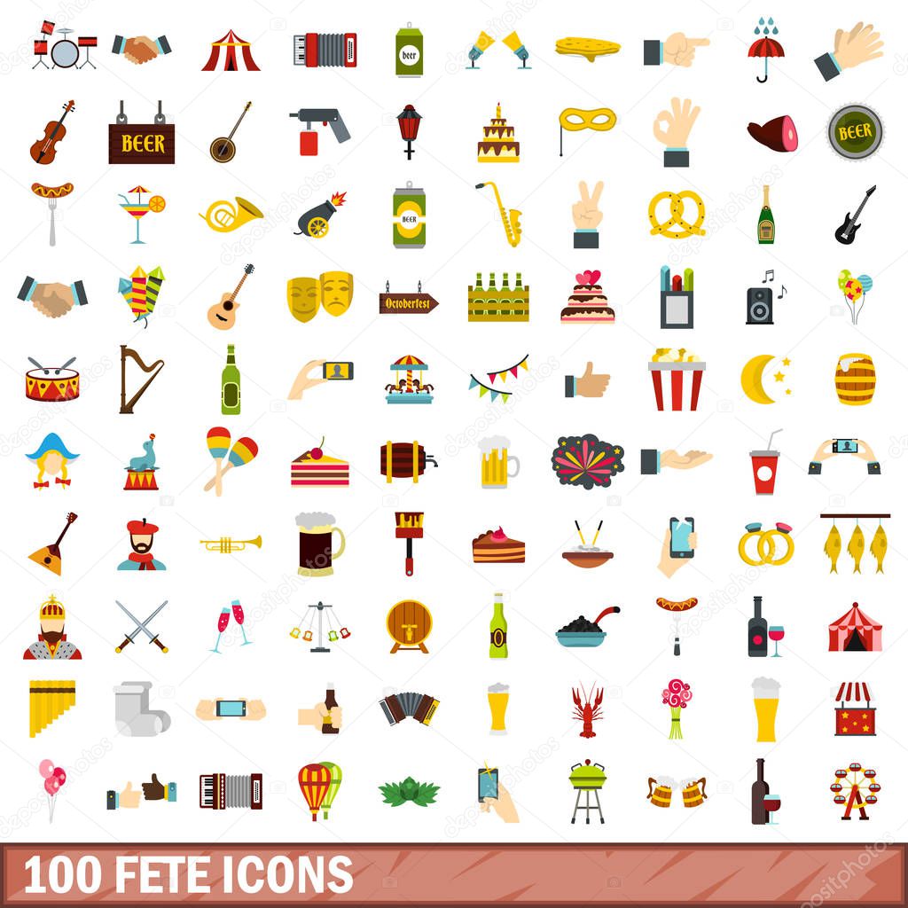100 fete icons set, flat style