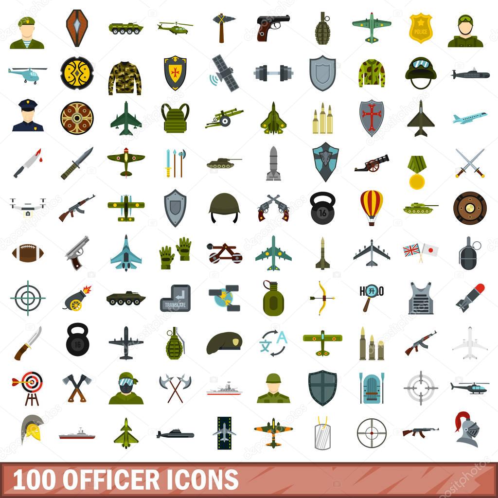 100 officer icons set, flat style
