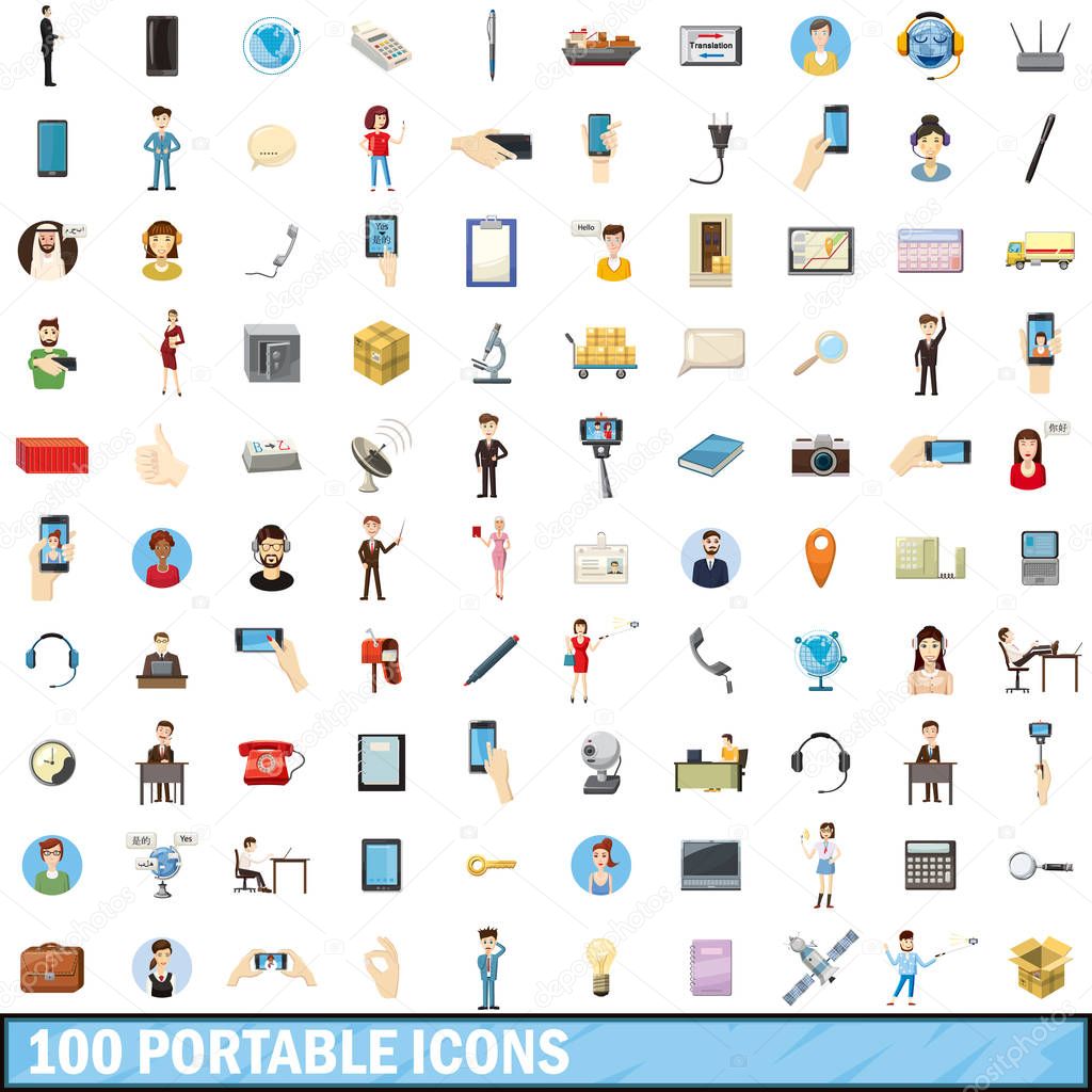 100 portable icons set, cartoon style