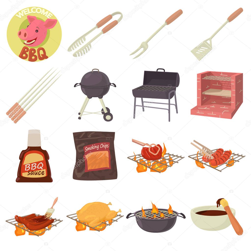 Barbecue tools icons set, cartoon style