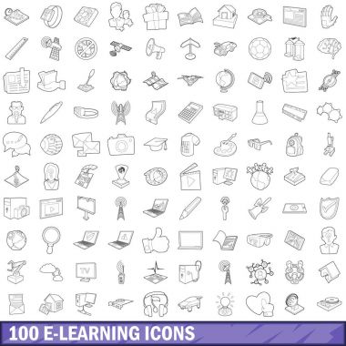 100 e-öğrenme Icons set, anahat stili