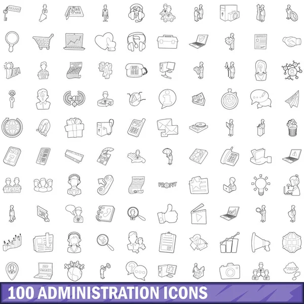 100 ikon administrasi ditata, gaya garis besar - Stok Vektor