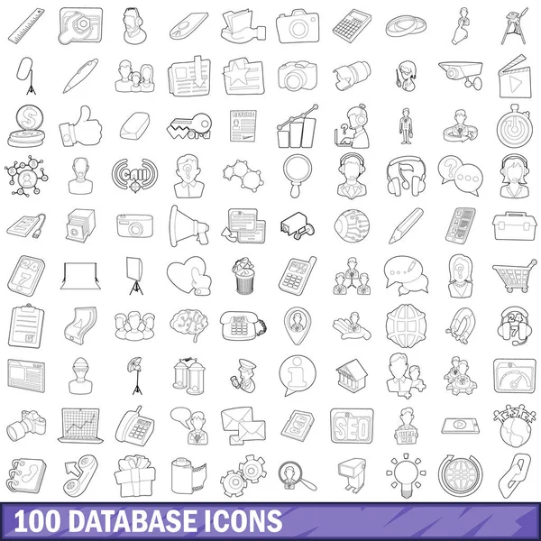 100 ikon basis data ditata, gaya garis luar - Stok Vektor