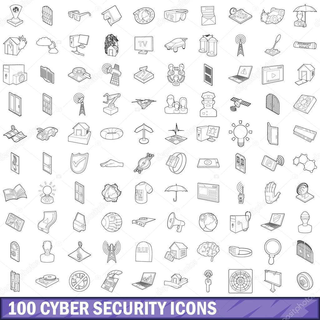 100 cyber security icons set, outline style
