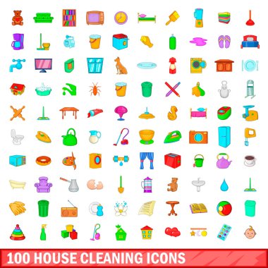 100 temizlik Icons set, karikatür tarzı ev