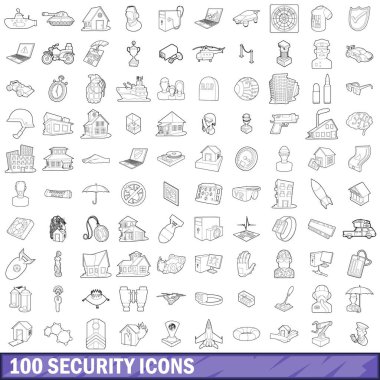 100 güvenlik Icons set, anahat stili