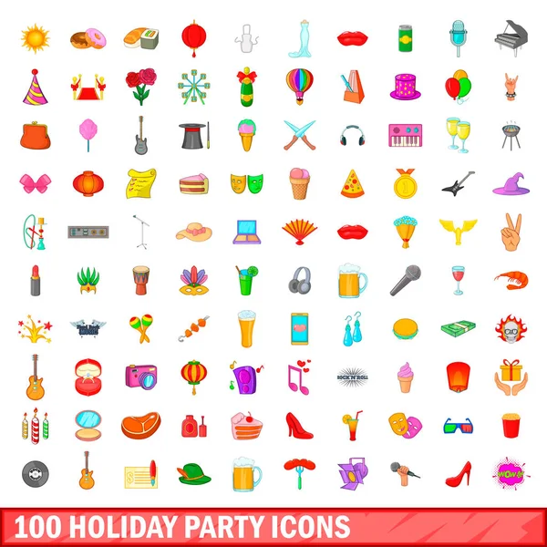 100 conjunto de iconos de fiesta de vacaciones, estilo de dibujos animados — Vector de stock