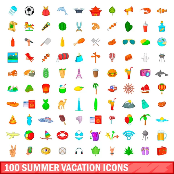 100 conjunto de iconos de vacaciones de verano, estilo de dibujos animados — Vector de stock