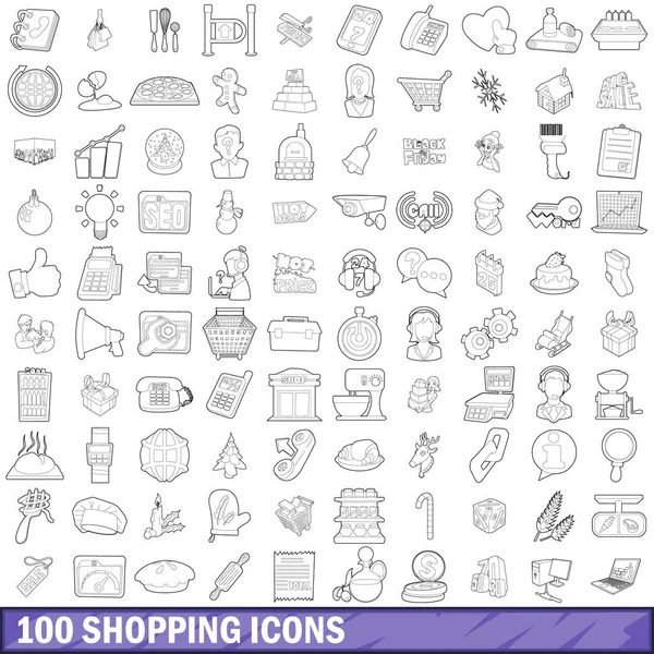 100 ikon belanja ditata, gaya garis luar - Stok Vektor