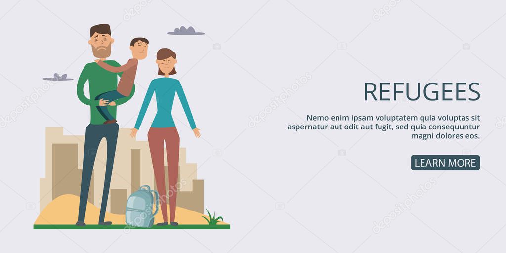 Refugees banner horizontal man, cartoon style