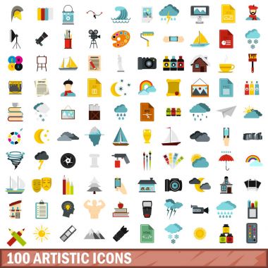 100 sanatsal Icons set, düz stil