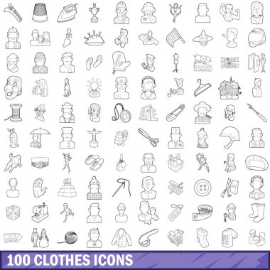 100 giyim Icons set, anahat stili