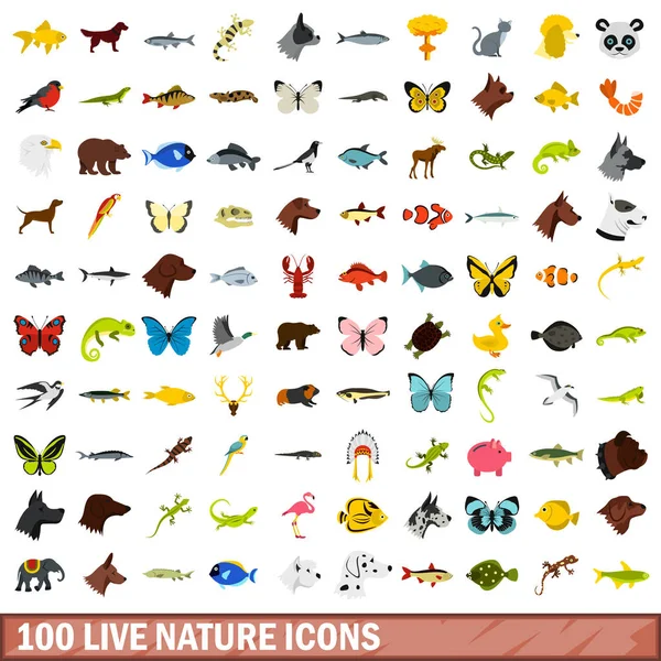 100 live nature icons set, flat style