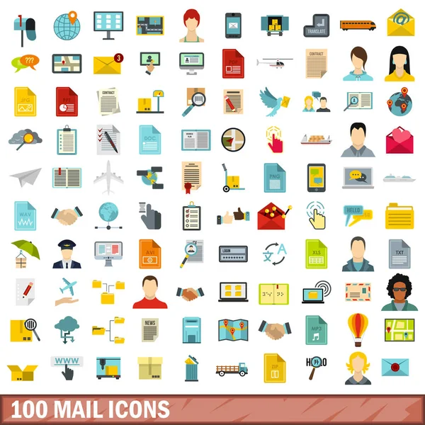 100 mail ikoner set, platt stil — Stock vektor
