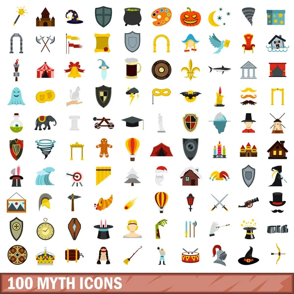 100 міфів набір піктограм, плоский стиль — стоковий вектор