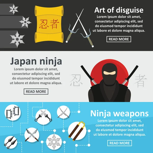 Ninja banner arma conjunto horizontal, estilo plano — Vector de stock