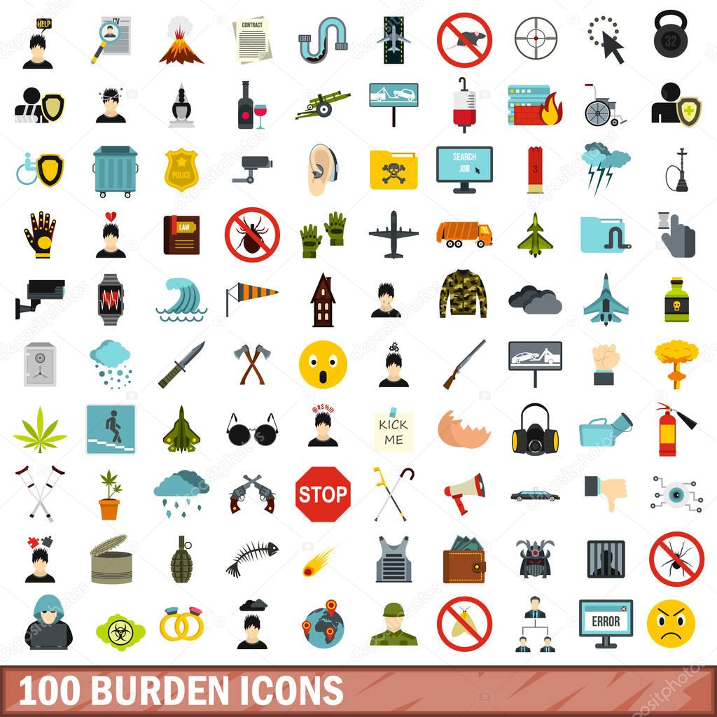 100 burden icons set, flat style