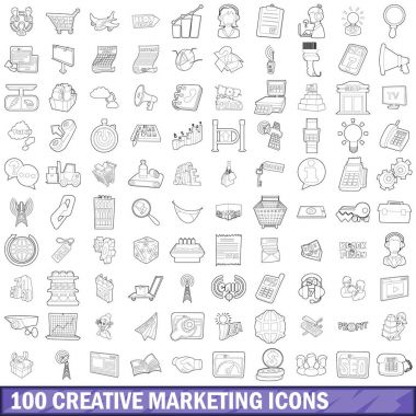 100 yaratıcı Icons set, pazarlama tarzı anahat