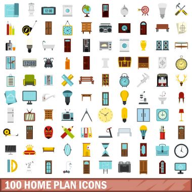 100 ev planı simgeler kümesi, stil düz
