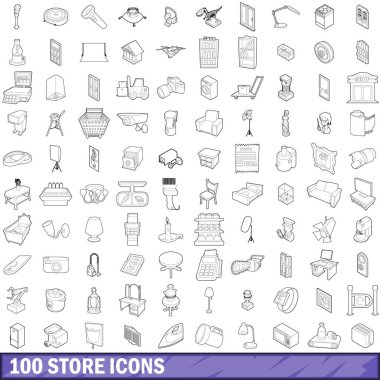 100 mağaza Icons set, anahat stili