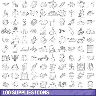 100 malzemeleri Icons set, anahat stili