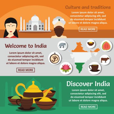 Hindistan Seyahat afiş yatay seti, düz stil