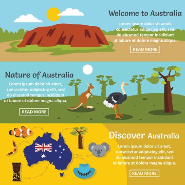 Avustralya seyahat afiş yatay seti, düz stil