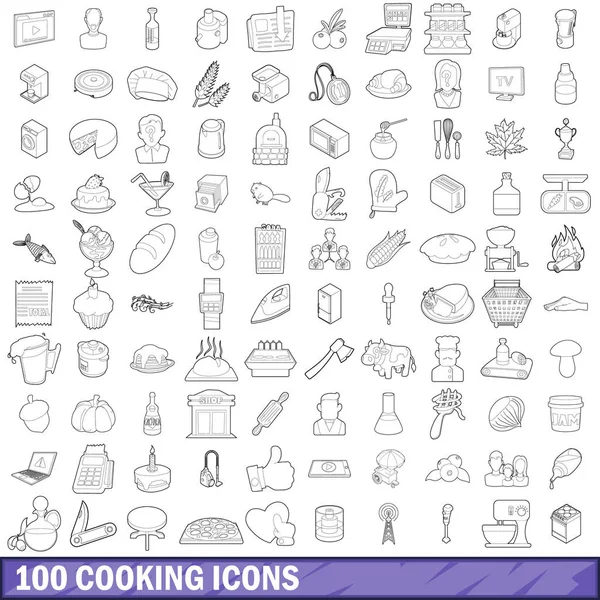 Ensemble de 100 icônes de cuisson, style contour — Image vectorielle