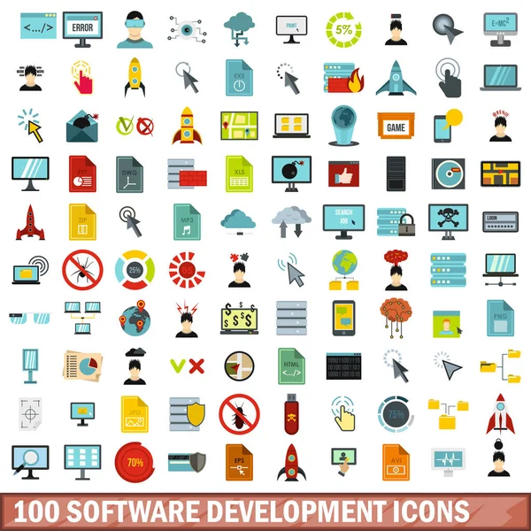 Conjunto de iconos de desarrollo de software 100, estilo plano — Vector de stock