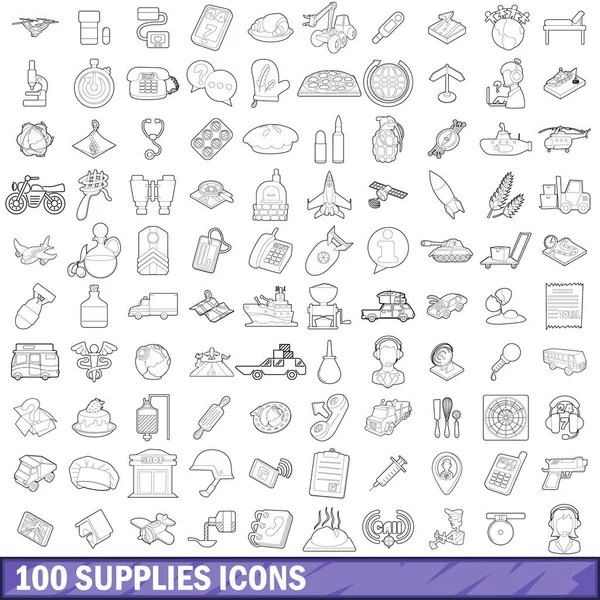 100 ikon persediaan ditata, gaya garis luar - Stok Vektor