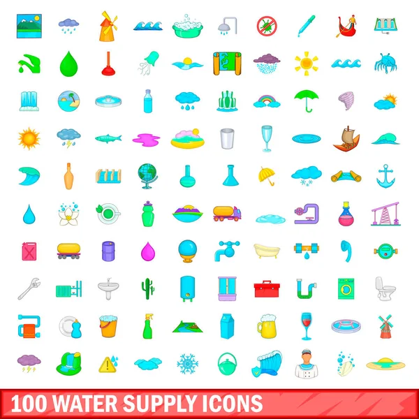 100 conjunto de iconos de suministro de agua, estilo de dibujos animados — Vector de stock