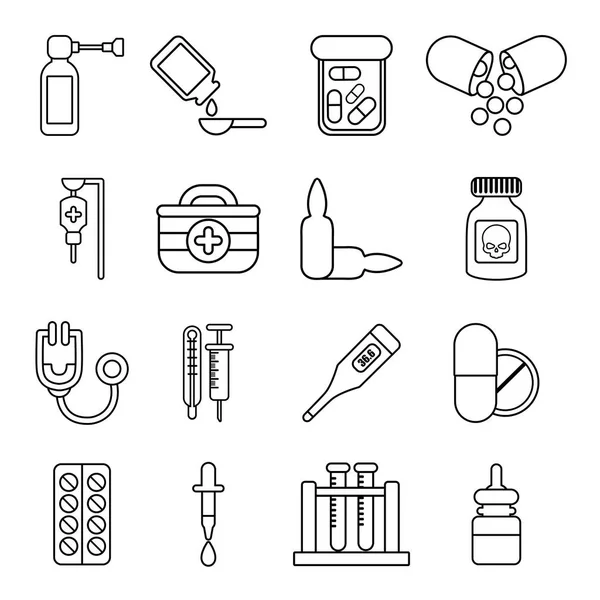 Conjunto de iconos de medicina de drogas, estilo de esquema — Archivo Imágenes Vectoriales