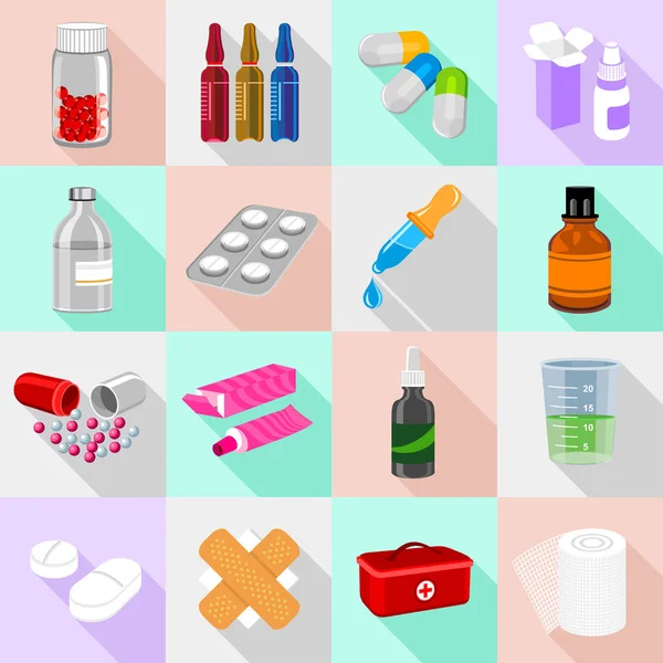 Formes pharmaceutiques icônes ensemble, style plat — Image vectorielle