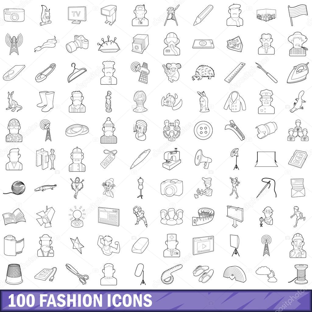 100 fashion icons set, outline style