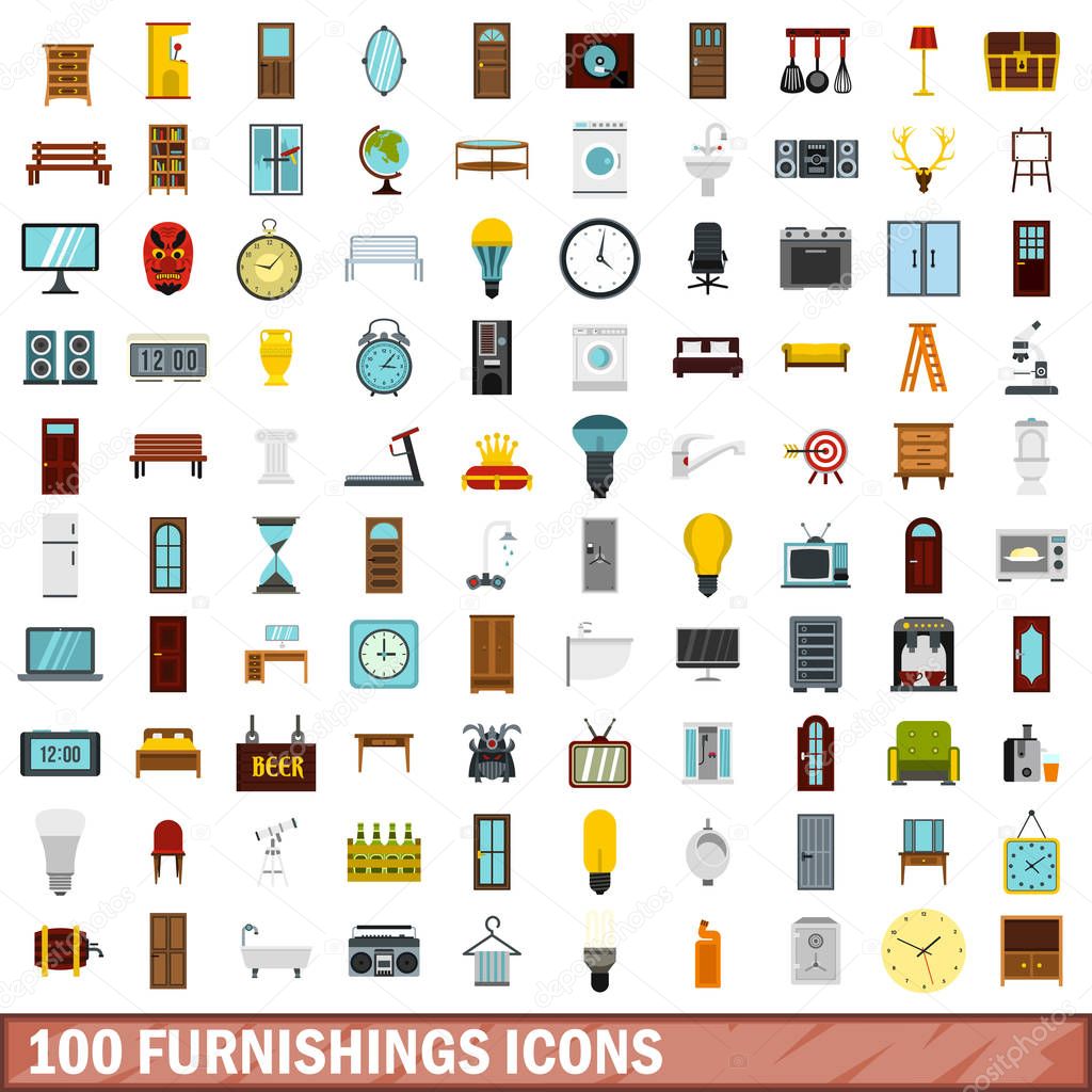 100 furnishings icons set, flat style