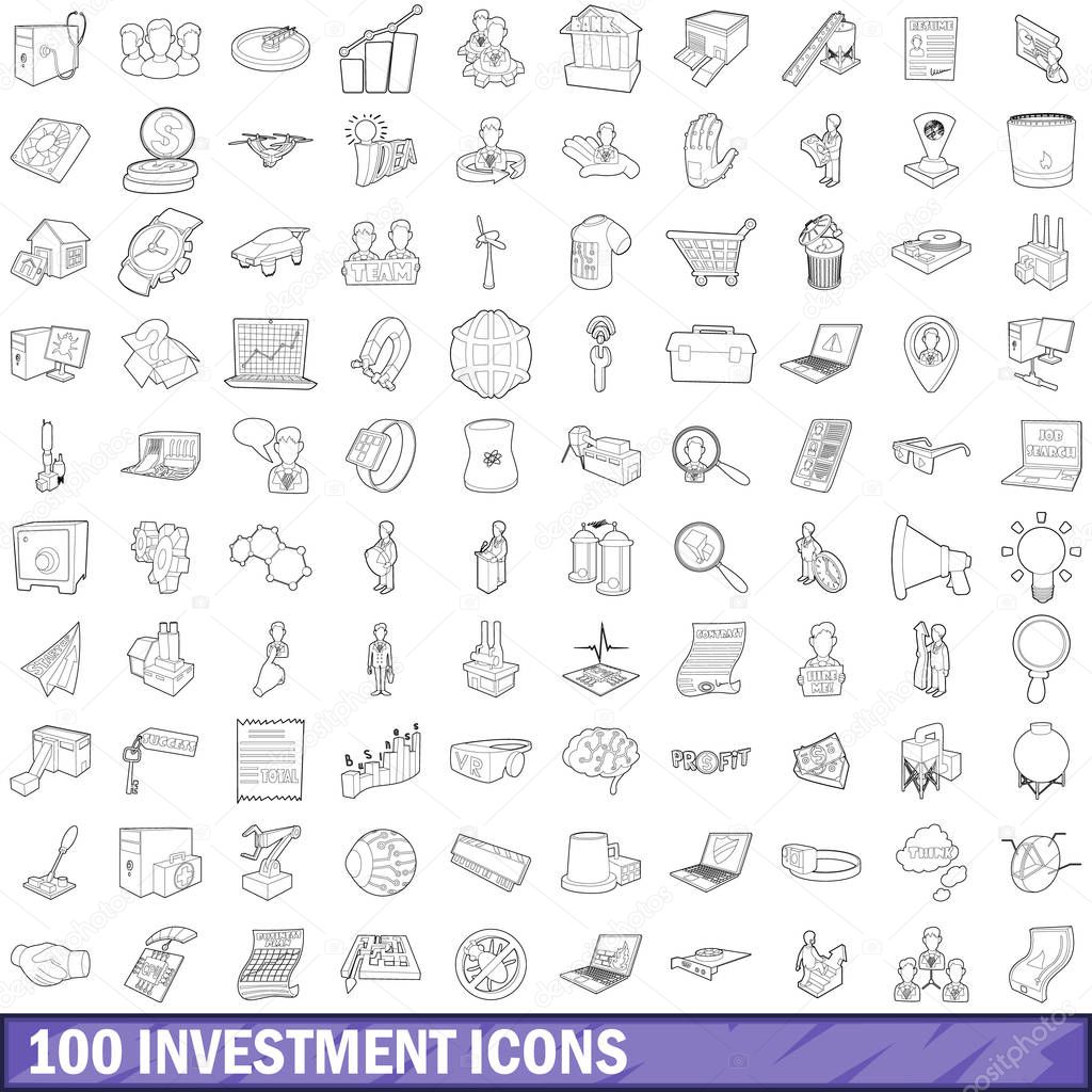100 investment icons set, outline style