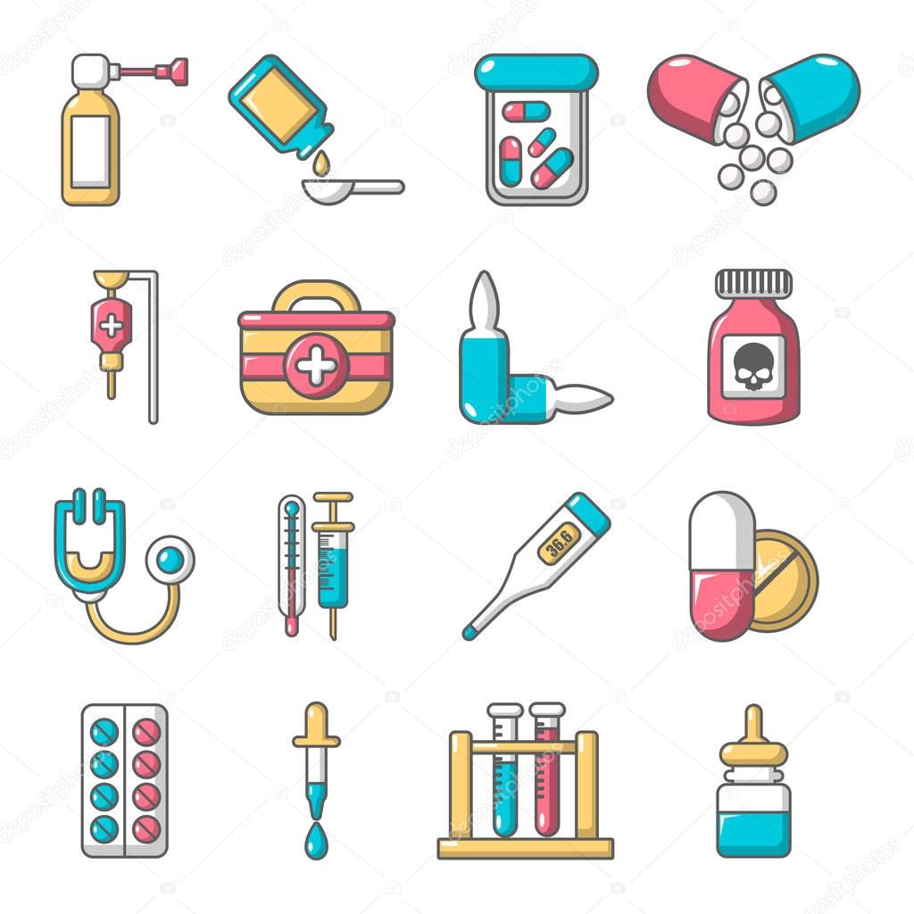 Drug medicine icons set, cartoon style
