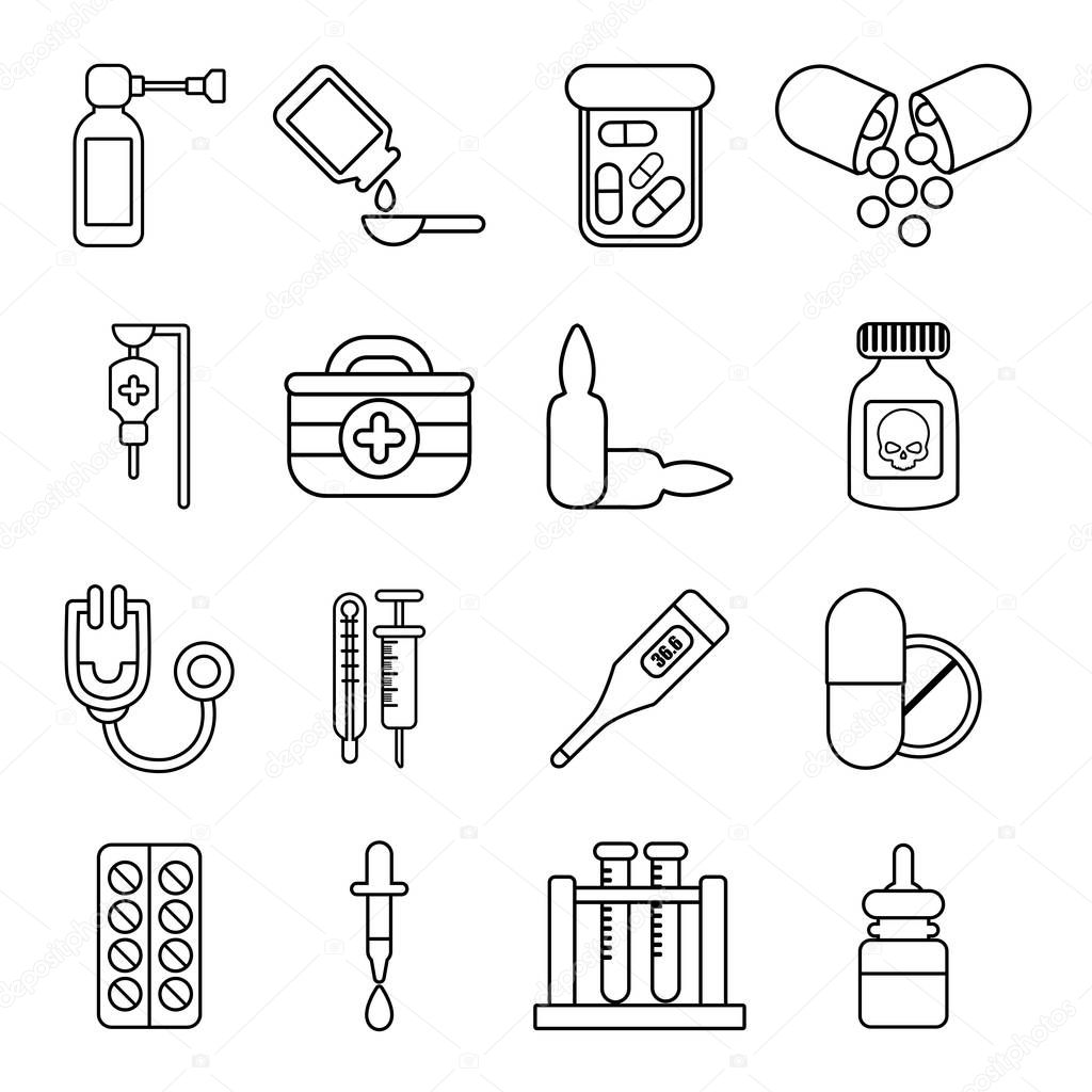 Drug medicine icons set, outline style