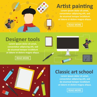 Ressam araçları yatay seti, düz stil banner