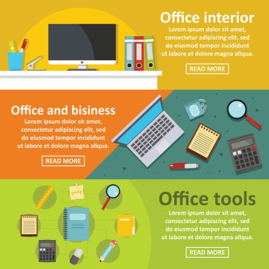Office Araçları yatay seti, düz stil banner