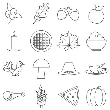 Şükran günü sonbahar Icons set, anahat stili