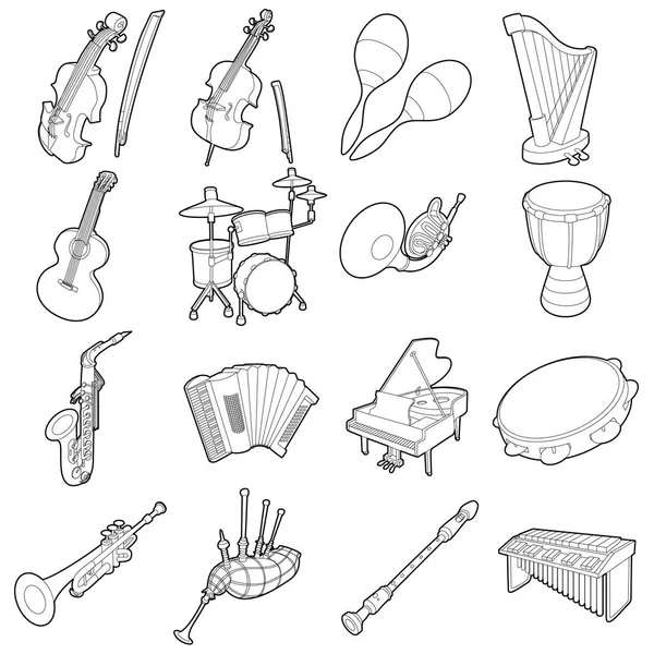 Conjunto de iconos de instrumentos musicales, esquema de dibujos animados — Vector de stock