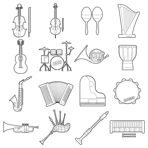 Instrumenty muzyczne zestaw ikon, styl konturu — Wektor stockowy