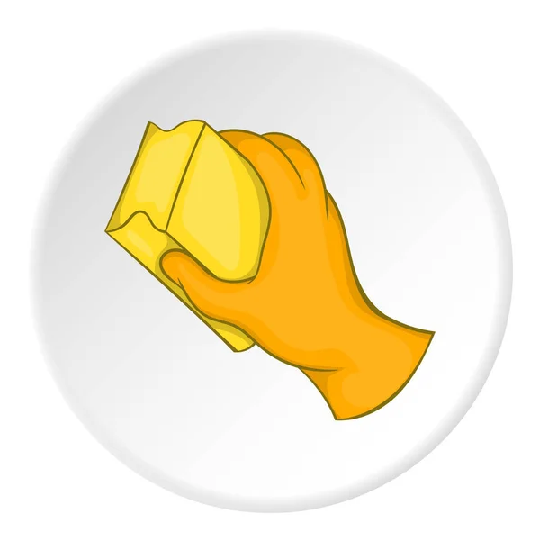Hand in Oranje handschoen met gele spons pictogram — Stockvector