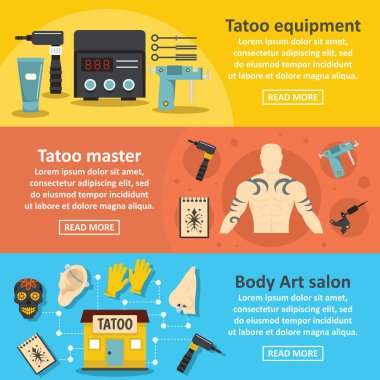 Dövme stüdyosu afiş yatay seti, düz stil