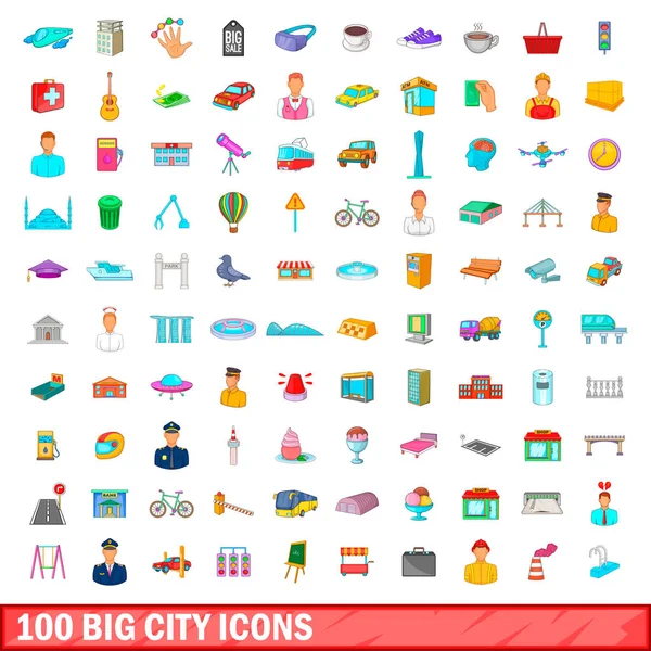 Ensemble de 100 icônes de grandes villes, style dessin animé — Image vectorielle